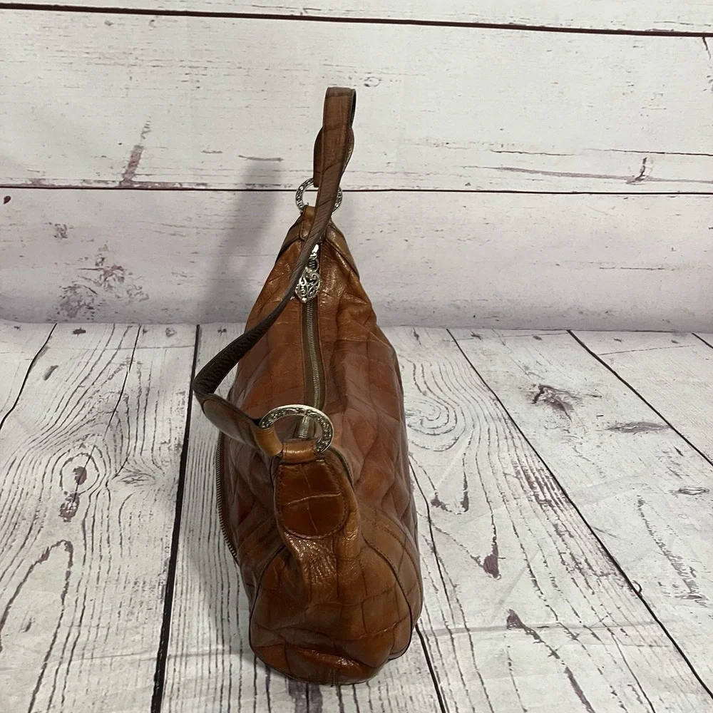 Brighton Cognac‎ Brown Croc Embossed Leather Shoulder Bag Hobo Top Zip